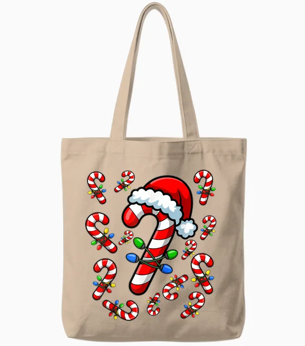 Red and White Candy Cane Santa Christmas Xmas Lights Tote Bags in Natural