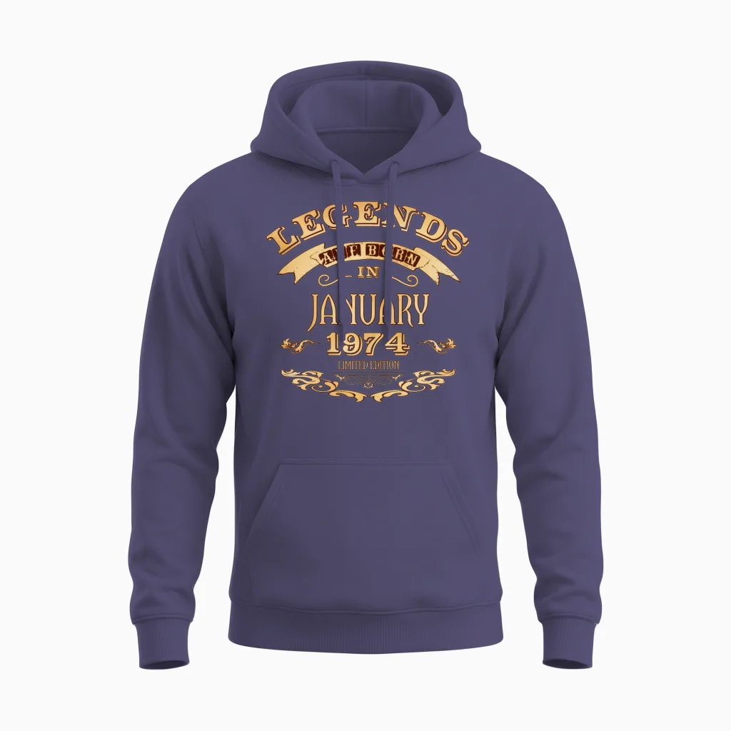 Legends Are Born in January 1974 Unisex Hoodie in Heather Sport Dark Navy