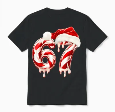 Melting Candy Cane 67 Christmas Design, Santa Hat Holiday Unisex T-Shirt - Black