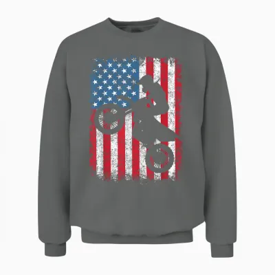 Dirt Bike Motocross Biker American Flag 4th of July Boys Men Unisex Sweatshirt - Graphite Heather