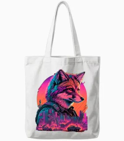 Retro Futuristic Synthwave Fox Tote Bags - White