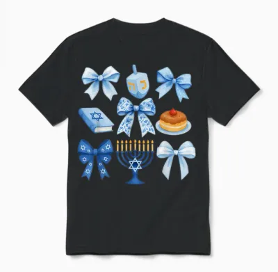 Girls Hanukkah Coquette Bow Dreidel Jewish Menorah Chanukah Unisex T-Shirt - Black