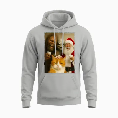 Cat Selfie with Bigfoot, Alien & Santa, Funny Christmas Unisex Hoodie - Ash