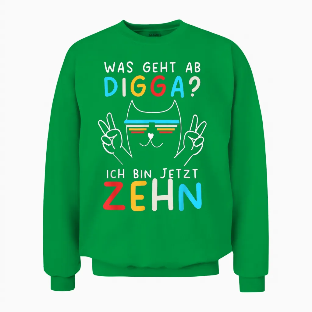10 Years Birthday Boy Digga Ich Bin Zehn T-Shirt, Black Unisex Sweatshirt in Irish Green