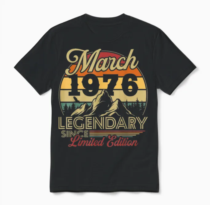 Vintage 50th Birthday Gift for Born in March 1976 Unisex T-Shirt in Black