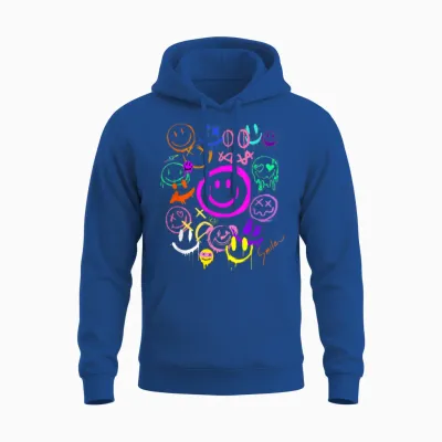 Smile Face Emoticons Fun Vivid Graffiti Smiley Face Graphic T-Shirt, Black, S Unisex Hoodie - Royal