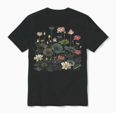 Vintage Botanical Lotus Flower Girl Unisex T-Shirt - Black