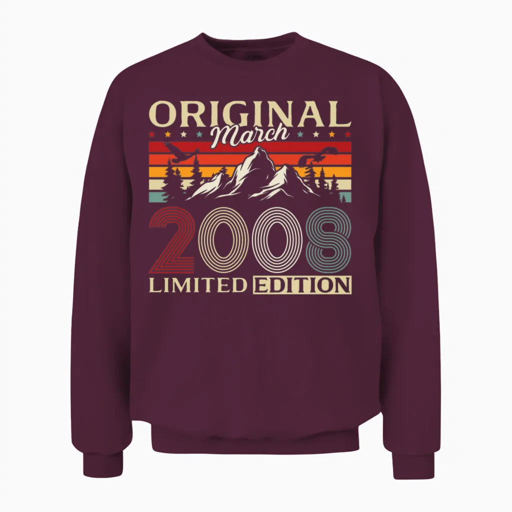 18 Ans Anniversaire Homme Cadeau Mars 2008 Vintage Manche Longue Unisex Sweatshirt in Maroon