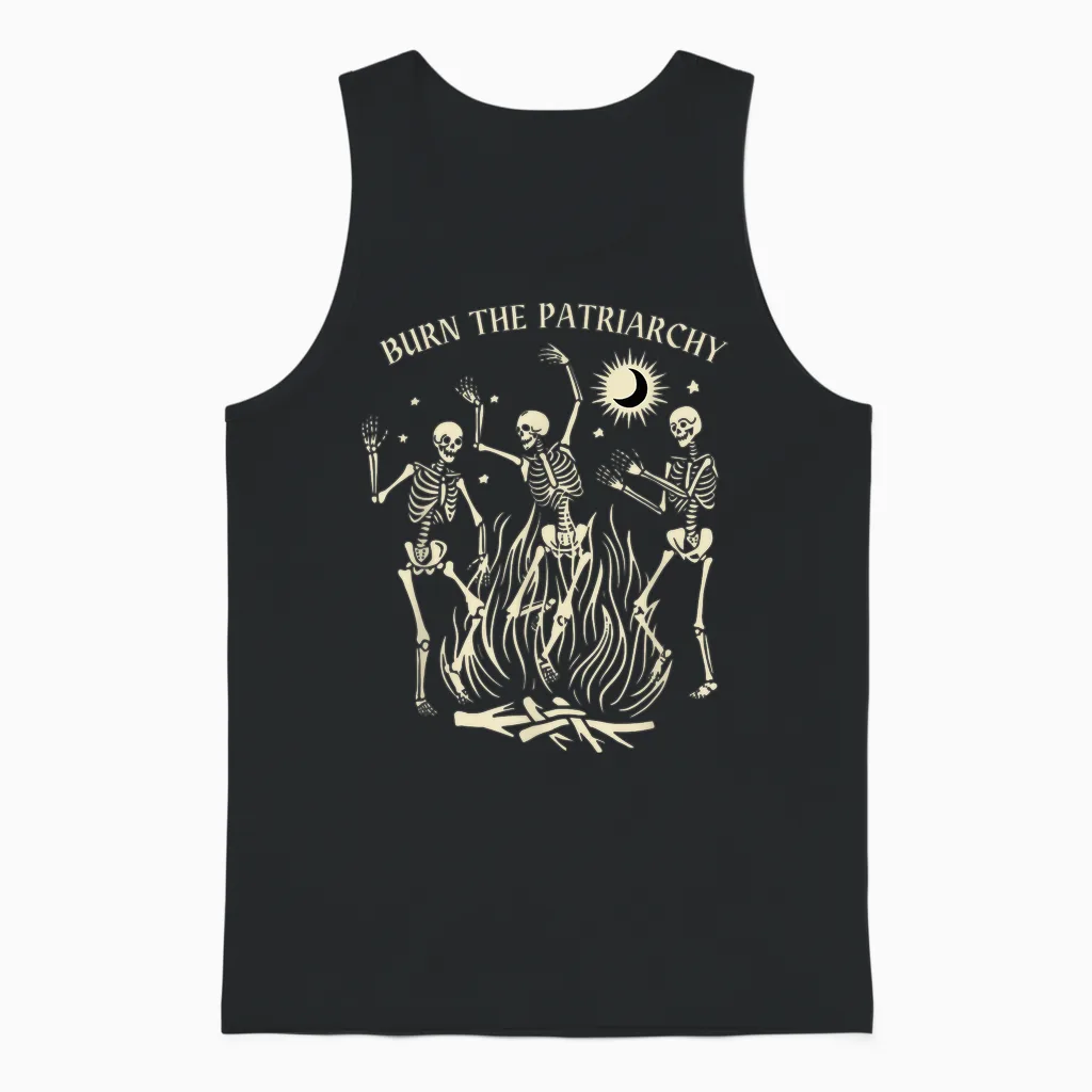 Burn the Patriarchate Funny Feminist Halloween Unisex Tank Top in Black