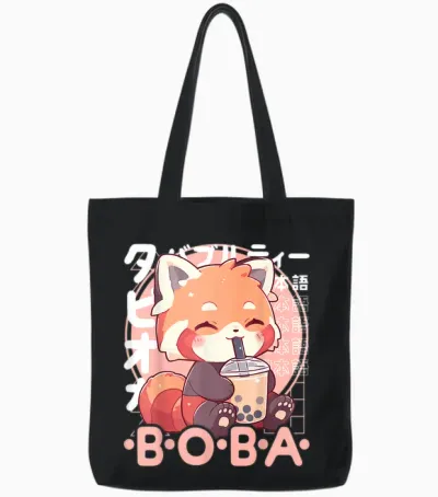 Red Panda Boba Tee Kawaii Bubble Tea Red Panda Anime Neko T-Shirt, Black Tote Bags - Black