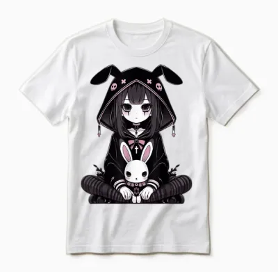 Goth Bunny Anime Girl Kawaii Gothic Creepy Art Japanese T-Shirt, Black, S Unisex T-Shirt - White