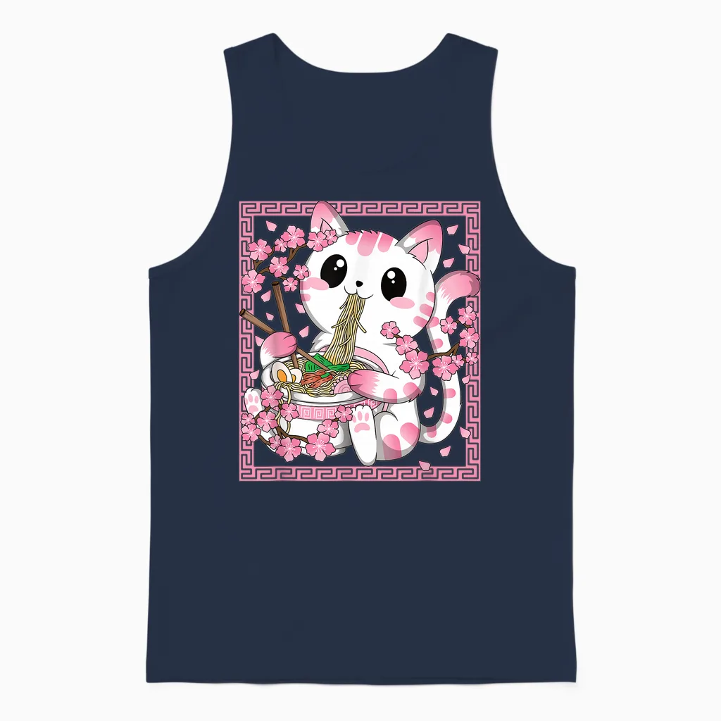 Japanische Anime Katze Ramen Nudeln Manga Kawaii Mädchen Unisex Tank Top in Navy