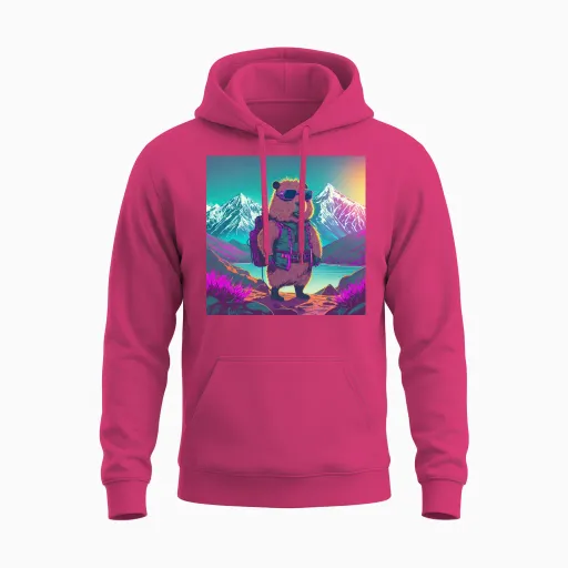 Capybara Hiking Thru the Mountains Unisex Hoodie in Heliconia