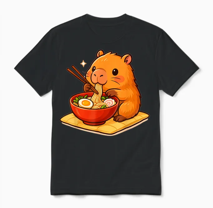 Kawaii Cute Capybara Eating Japanese Ramen Noodles Anime Unisex T-Shirt in Black