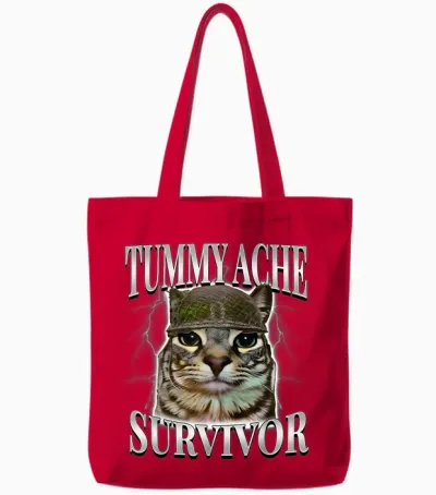 Tummy Ache Survivor Shirt Funny Meme Shirt Funny Cat Humor Tote Bags - Red