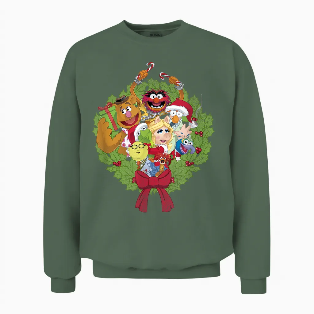 Disney the Muppets Christmas Muppet Group Wreath Unisex Sweatshirt in Military Green