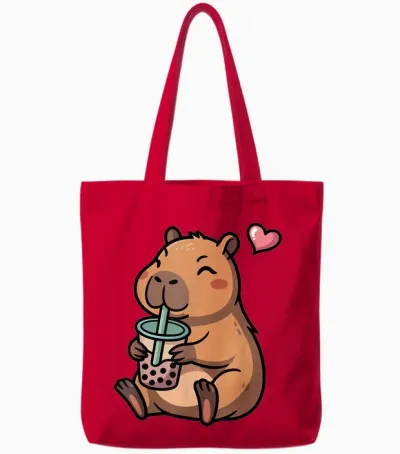 Cute Capybara Boba Bubble Tea Kawaii Capybara Girls Kids T-Shirt, Black, S Tote Bags - Red