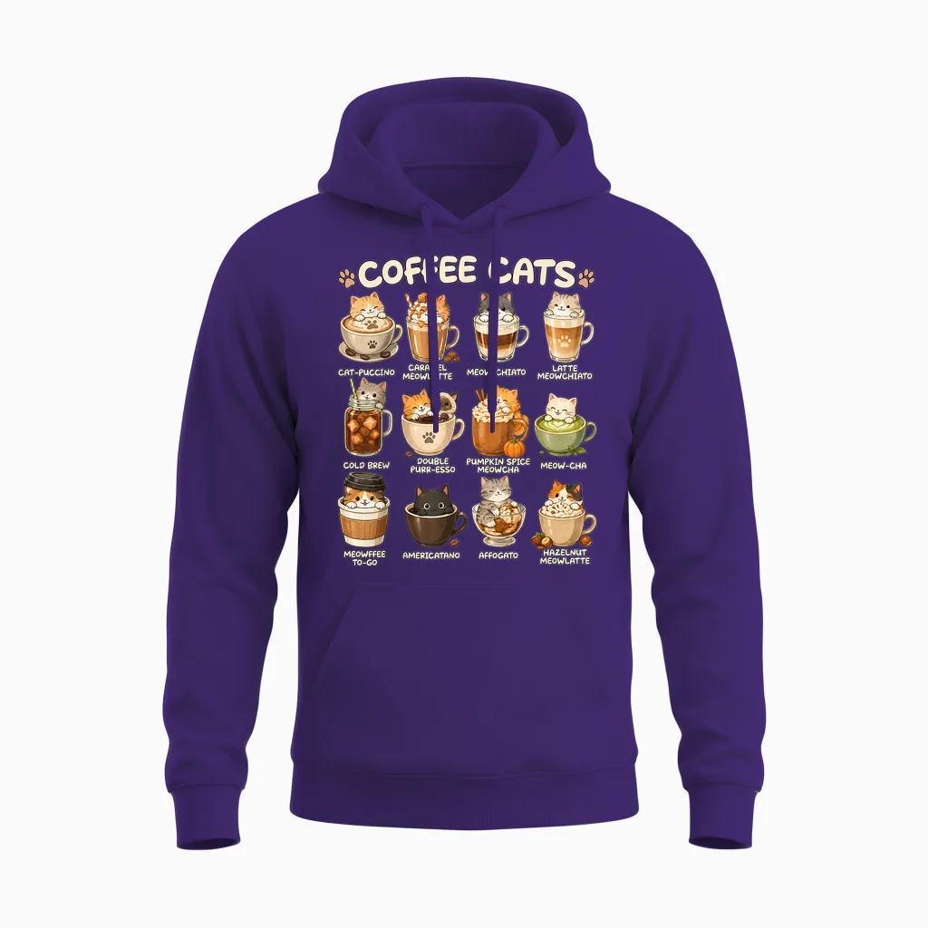 Kawaii Coffee Cats Cappuccino, Niedliches Katzen-Café-Design, Anime-Design Unisex Hoodie in Purple