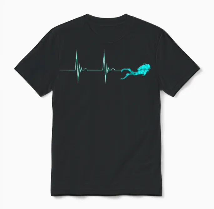Underwater Diver Heartbeat Deep Diving T-Shirt, Black, S Unisex T-Shirt in Black