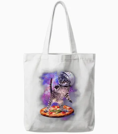 Funny Cat Flying a Pizza Astronaut Kitten Space Tote Bags - White