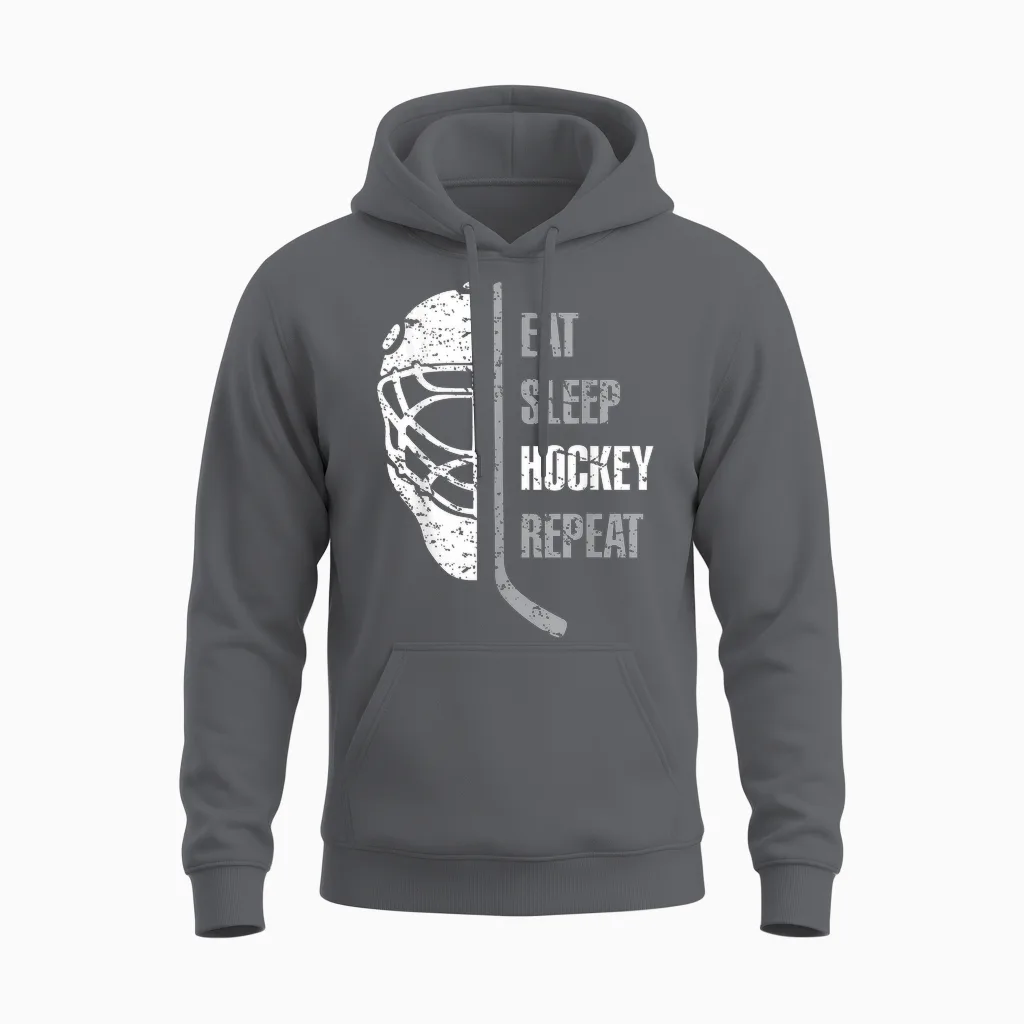 Eat Sleep Hockey Repeat Christmas for Teen Adult Hockey Unisex Hoodie in Charcoal