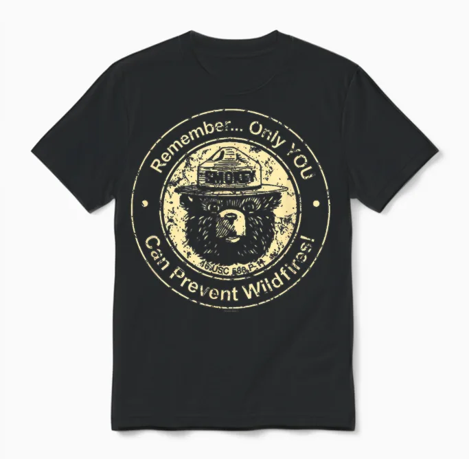 Smokey Bear Only You Can Prevent Wildfires Vintage Seal Unisex T-Shirt in Black