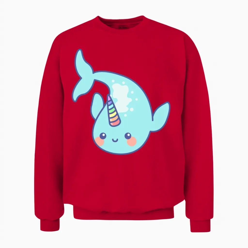 Narwhal, Cute Narwhal, Diving Unisex Sweatshirt in Red