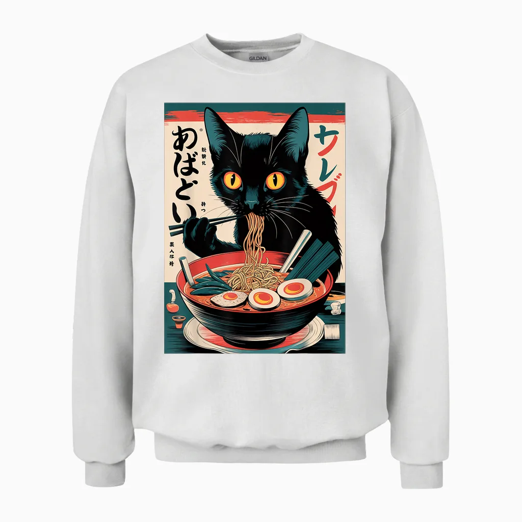 Anime Manga Kawaii Otaku Ramen Cat Christmas Gift T-Shirt, Black Unisex Sweatshirt in White
