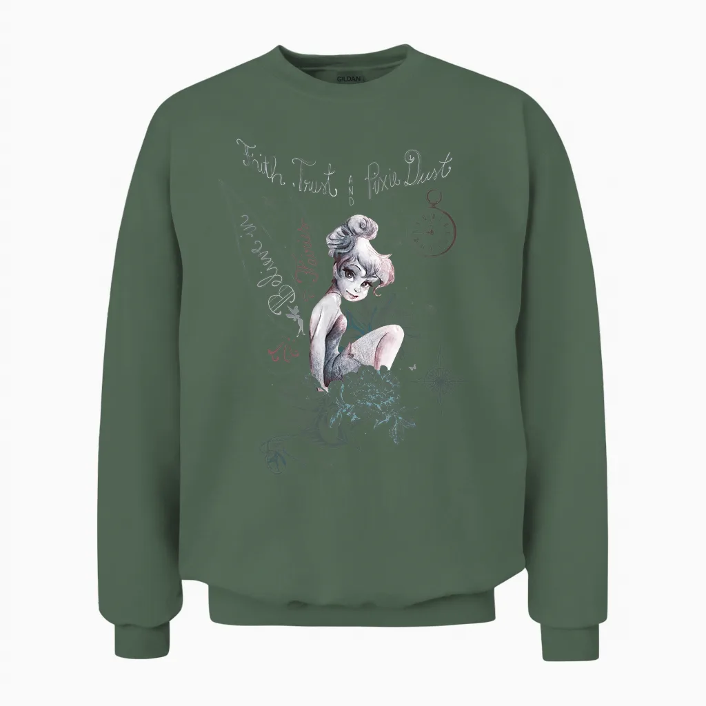 Disney Peter Pan Tinker Bell Believe Drawing Portrait Unisex Sweatshirt in Military Green