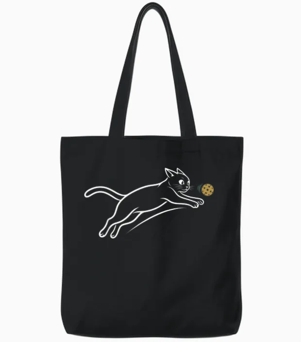 Chat Pickleball Drôle Minimaliste Ligne Poursuite Balle Fans Tote Bags in Black