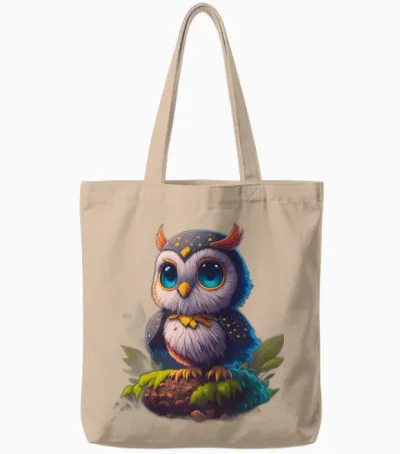 Detailed Cute Owl Design Tote Bags - Natural