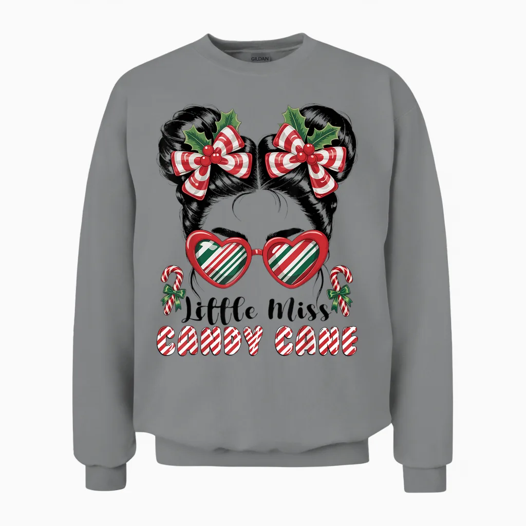 Messy Bun Little Miss Candy Cane Christmas Girls Unisex Sweatshirt in Sport Grey