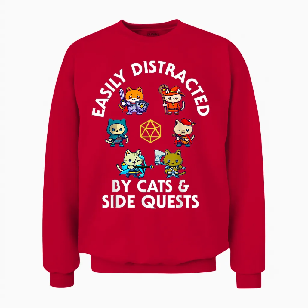 Rpg Gamer Cats Side Quest Funny Nerd Adhd Cat Men Women Unisex Sweatshirt in Red