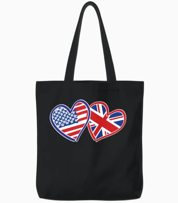 American Uk Flag Heart Design Tote Bags in Black