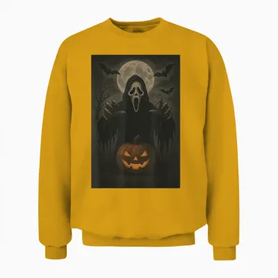 Scary Face Ghost Mask Pumpkin Moon Spooky Halloween Horror Unisex Sweatshirt - Gold