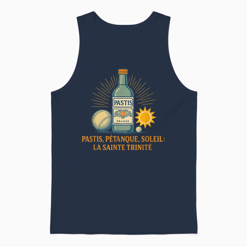 Pastis, Petanque, Sun: the Holy Trinity Unisex Tank Top in Navy