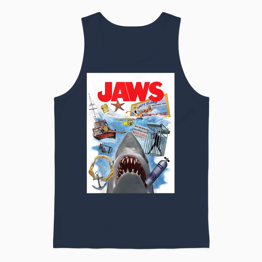 Jaws 50th Anniversary Poster Amity Island Collage 2-Sided Unisex Tank Top in Navy
