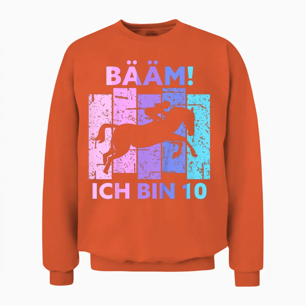 Children's 10th Birthday Girl Ten Years Old Horse BΓ€m! I Am 10 T-Shirt, Black Unisex Sweatshirt in Orange