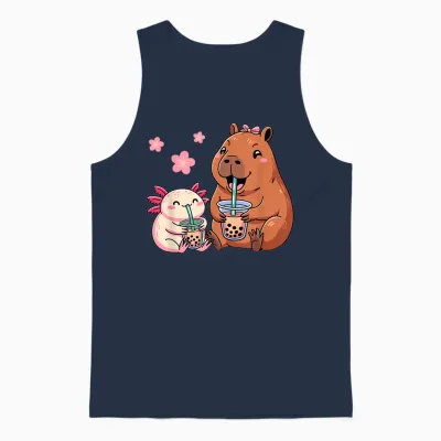Axolotl and Capybara Drinking Bubble Tea Kawaii Girls' Children's Unisex Tank Top - Navy