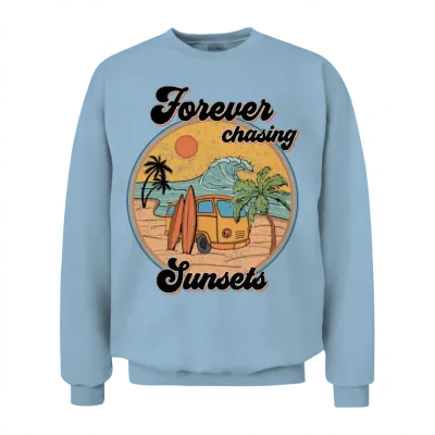 Forever Chasing Sunsets Retro Beach Tees Unisex Sweatshirt - Light Blue