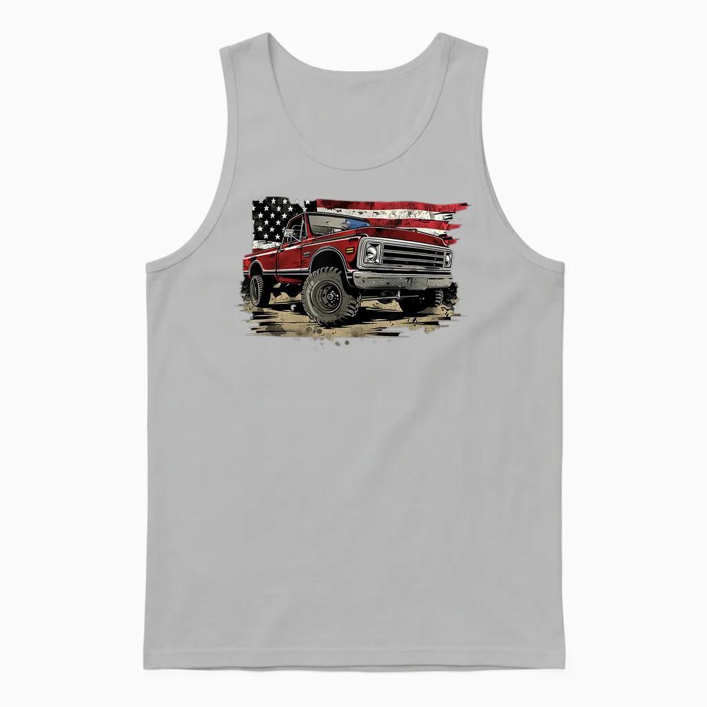 Vintage Pickup Truck with Flag Patriotic Style Women Girls Kids Men Unisex Tank Top in Ash