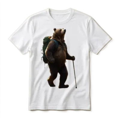 Backpacking Bear with Hiking Stick Unisex T-Shirt - White