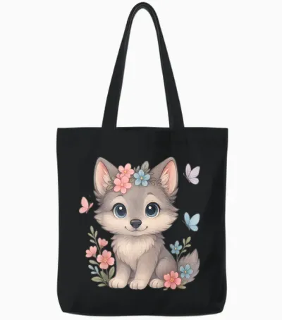 Cute Baby Wolf with Flowers Sakura Floral I Kids Wolf Women Tote Bags - Black