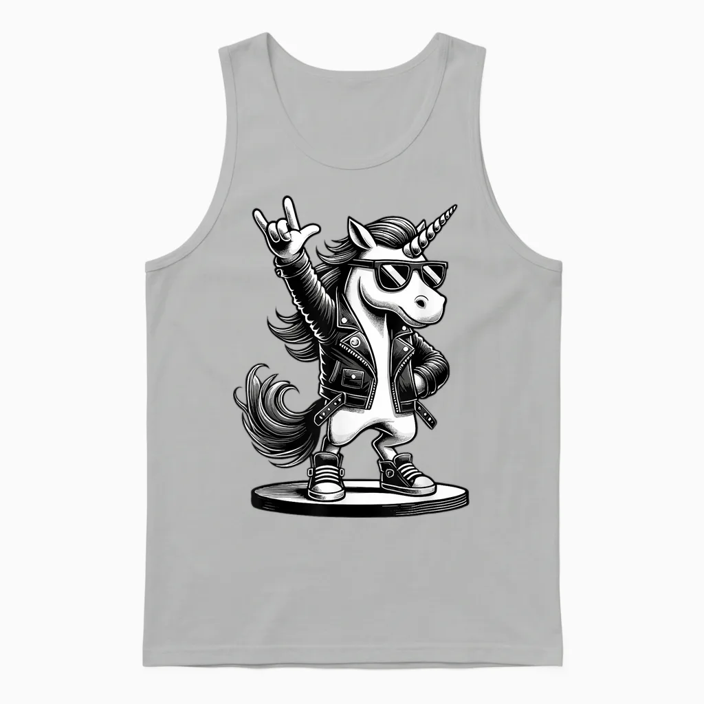 Rock Music & Heavy Metal Rocker, Funny Unicorn Rockhand T-Shirt, Black Unisex Tank Top in Ash
