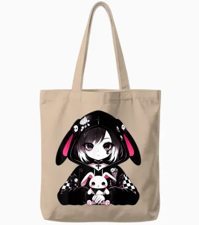 Goth Bunny Anime Girl Kawaii Gothic Creepy Art Japanese T-Shirt, Black, S Tote Bags - Natural