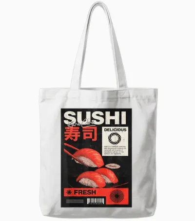 Sushi Japan Streetwear Fashion Cyberpunk Y2k Retro Manga Anime T-Shirt, Black, S Tote Bags - White