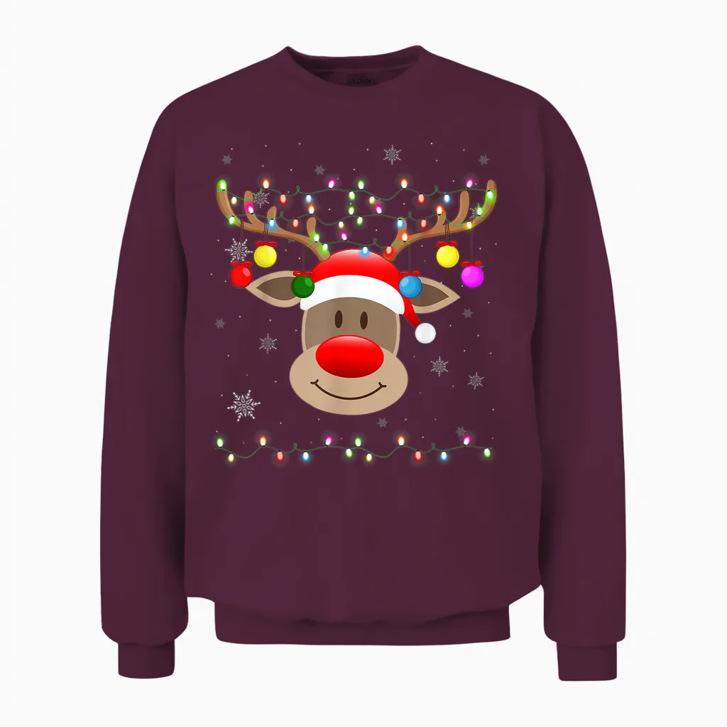 Red Nose Reindeer Snowflakes Chirstmas Lights Unisex Sweatshirt in Maroon