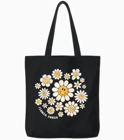 Flower Power Sweet Smile Face Flower Happy Face Flowers Girls Tote Bags - Black