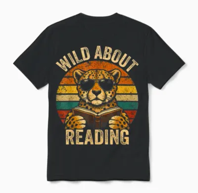 Boys Animal Print Clothes Wild About Reading Cheetah Book Unisex T-Shirt - Black