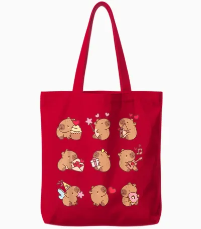 Super Cute Capybaras in Various Poses Capybara Tote Bags - Red